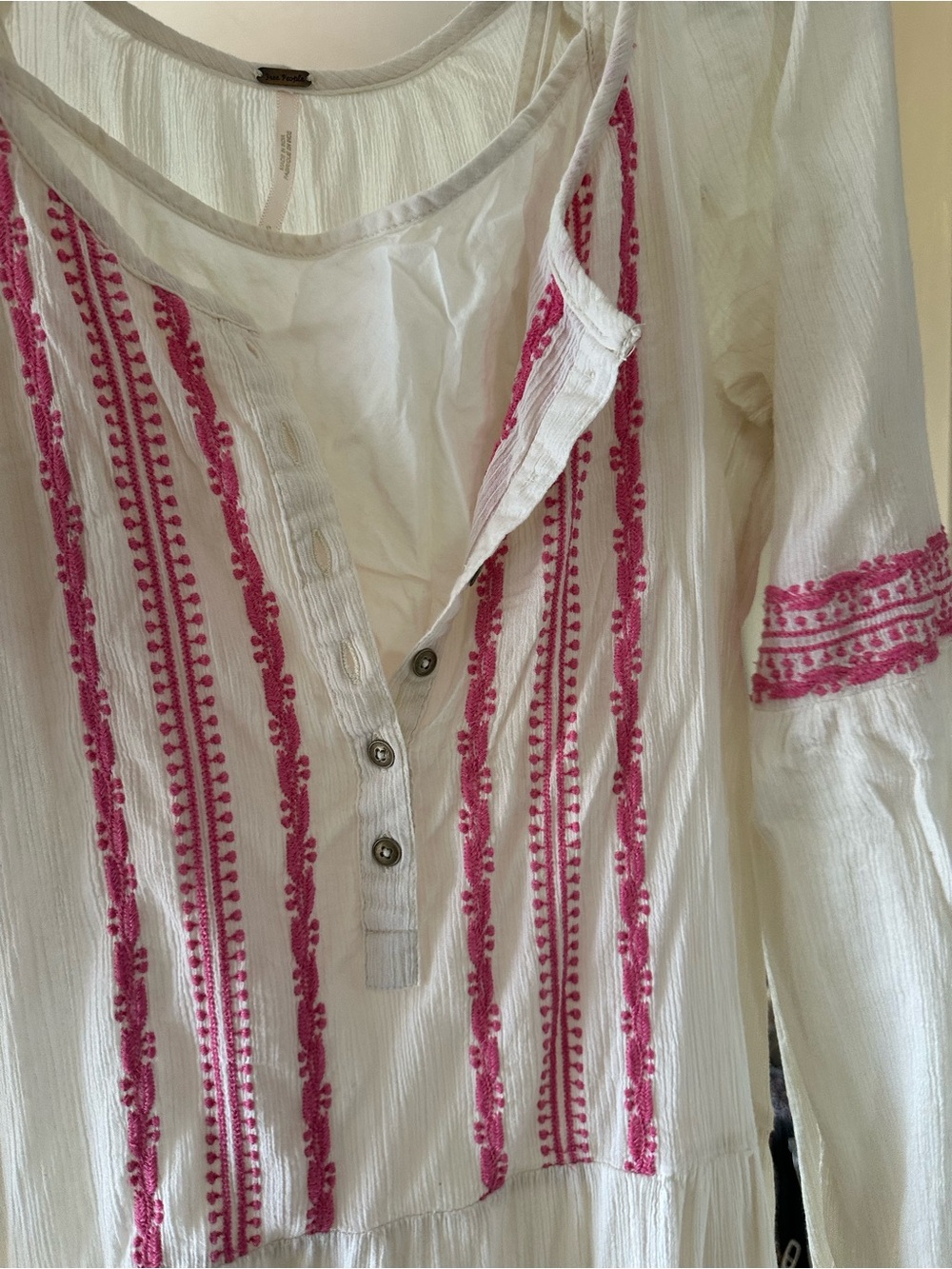 Free People White Tunic with Pink Embroidered Stripes